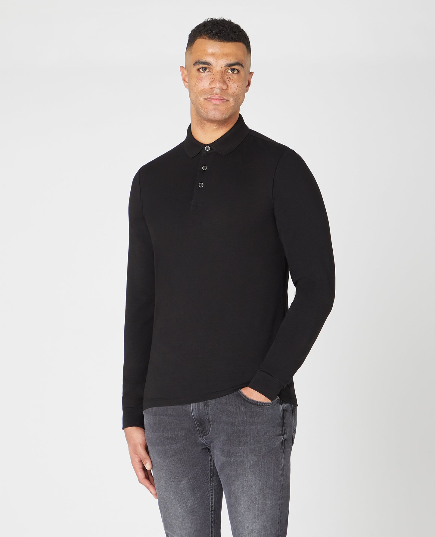 Remus Uomo Long Sleeve Black Cotton Polo