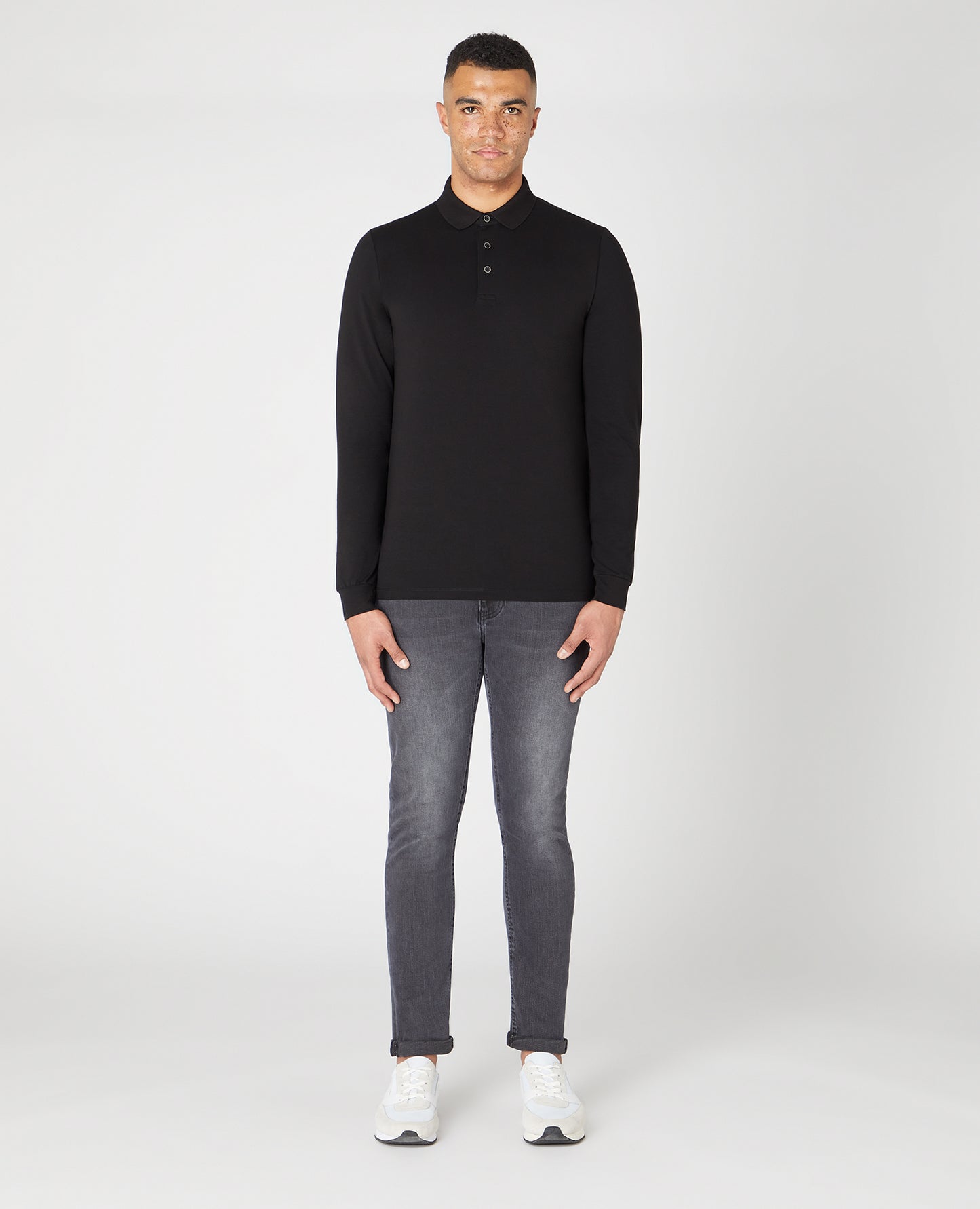 Remus Uomo Long Sleeve Black Cotton Polo