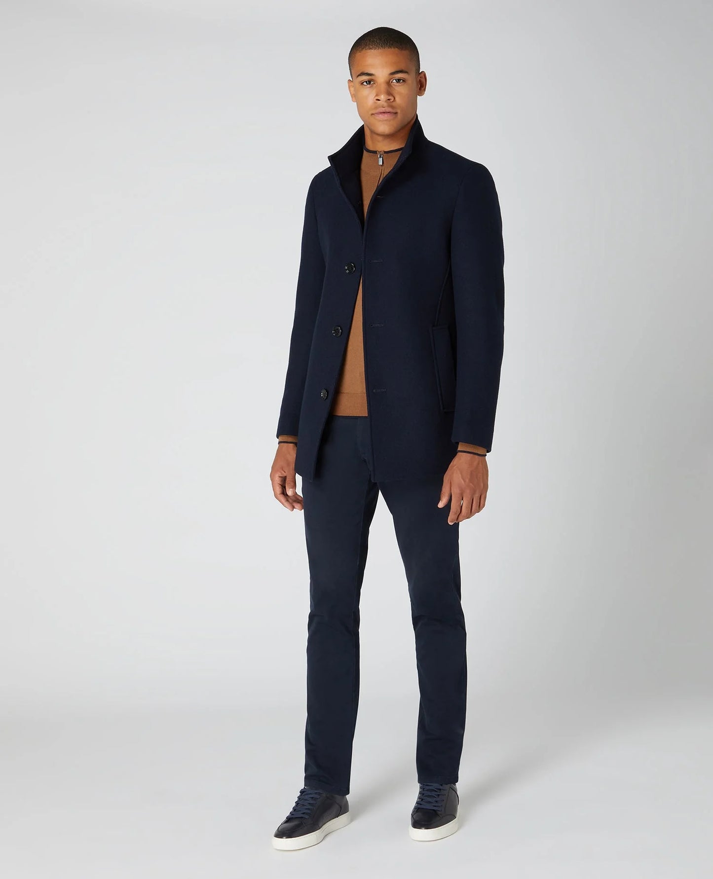 Tailored Fit Wool Blend Overcoat in Dark Navy
