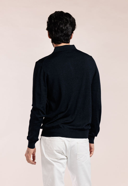 Thomas Maine 100% Merino Wool Long Sleeve Polo - Navy