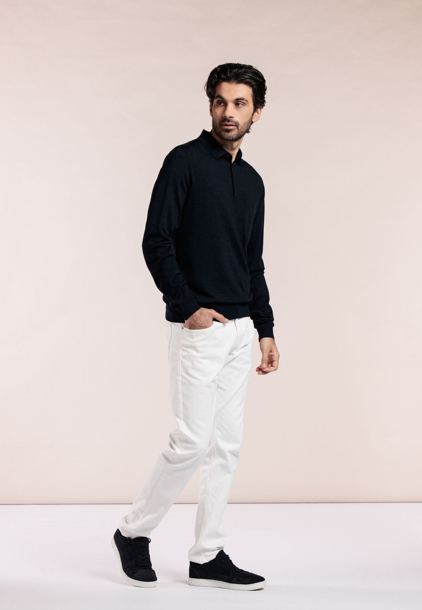 Thomas Maine 100% Merino Wool Long Sleeve Polo - Navy