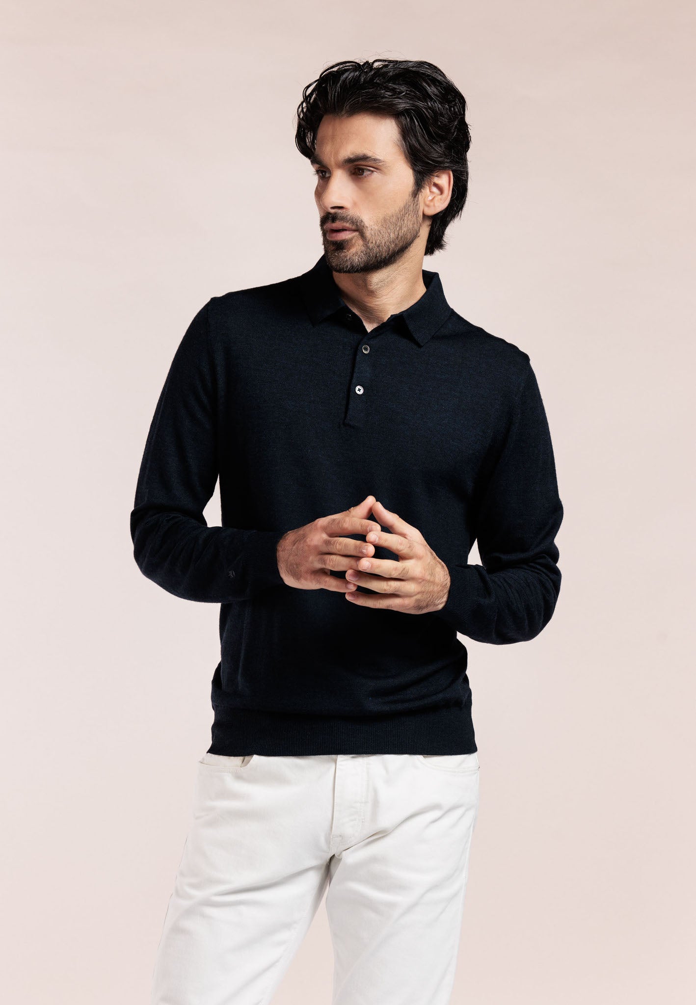 Thomas Maine 100% Merino Wool Long Sleeve Polo - Navy