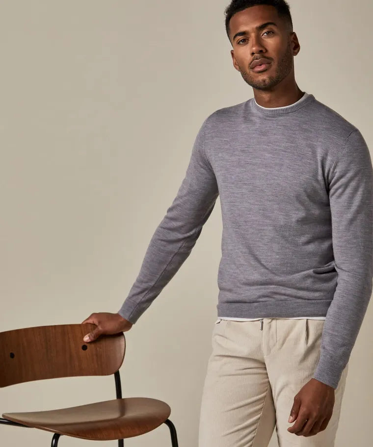 Profuomo Grey Merino Classic Round-Neck Jumper