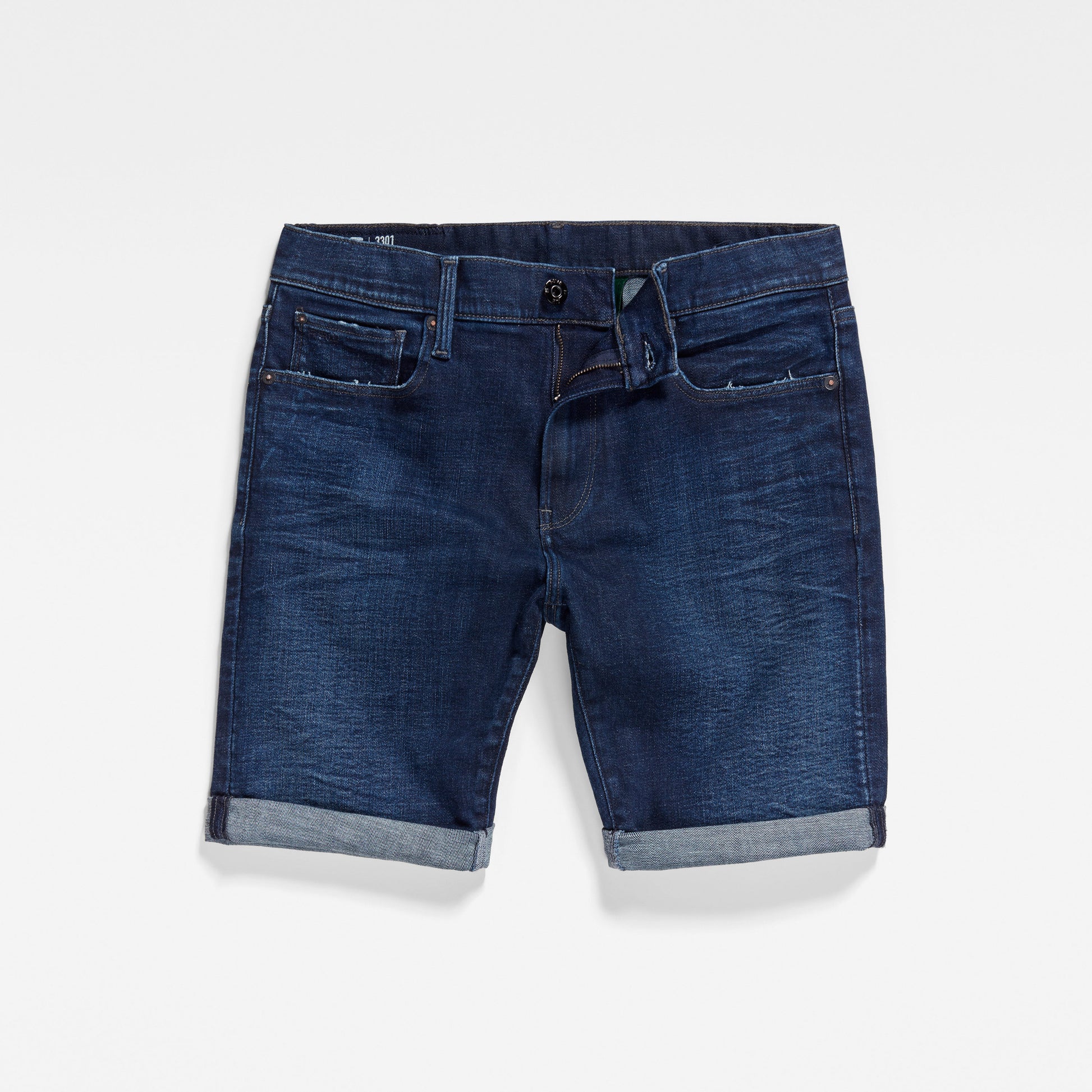 G-Star Dark Denim 3301 Jean Shorts made from RAW materials in a slim straight leg with length to the knee. Finished with a rolled up hem, available at StylishGuy Menswear Dublin.