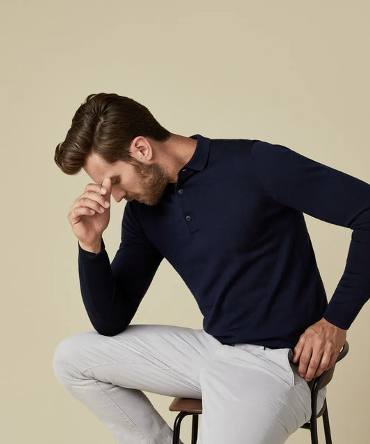 Profuomo Navy Merino 3 Button Longsleeve Polo Shirt