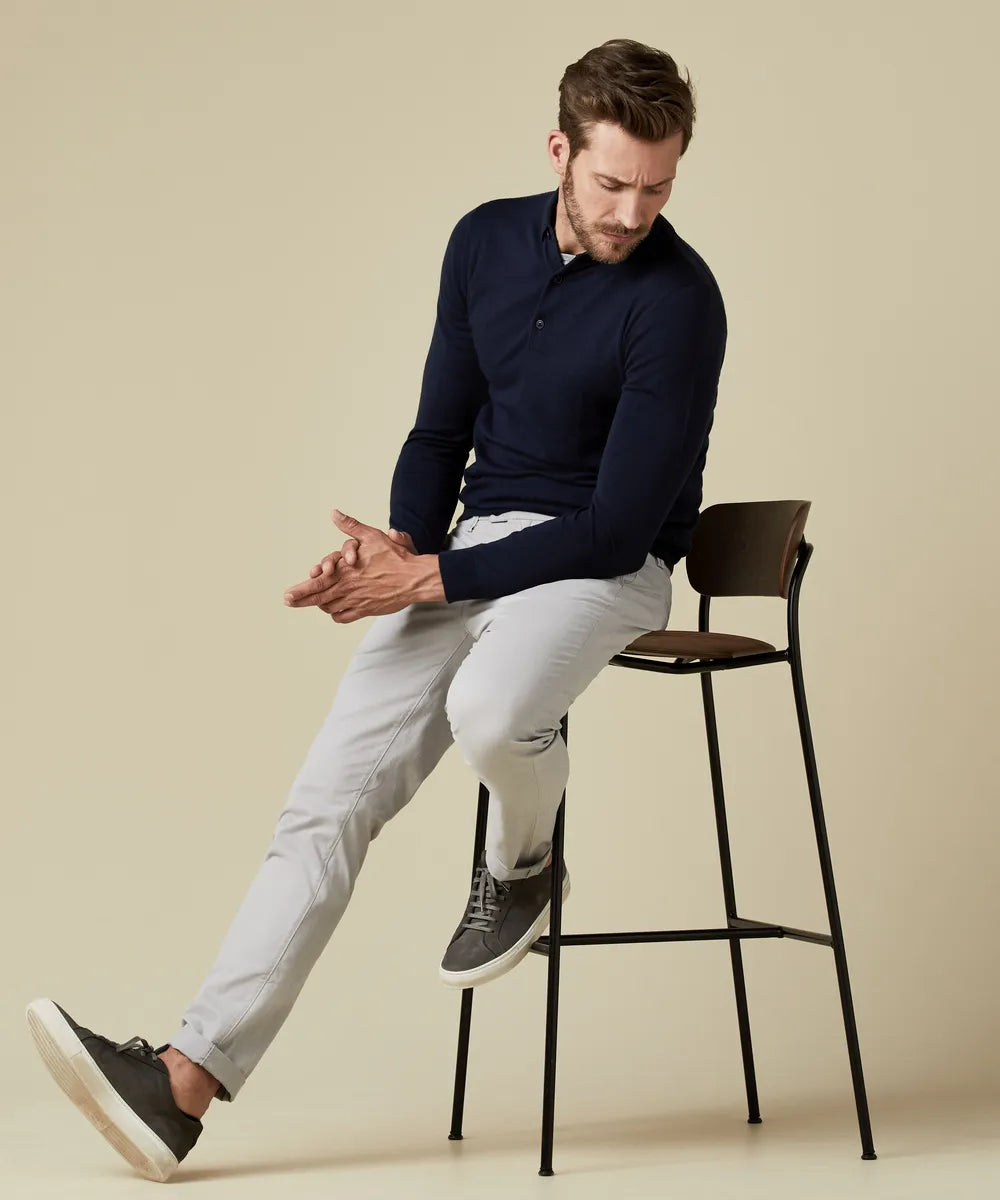 Profuomo Navy Merino 3 Button Longsleeve Polo Shirt
