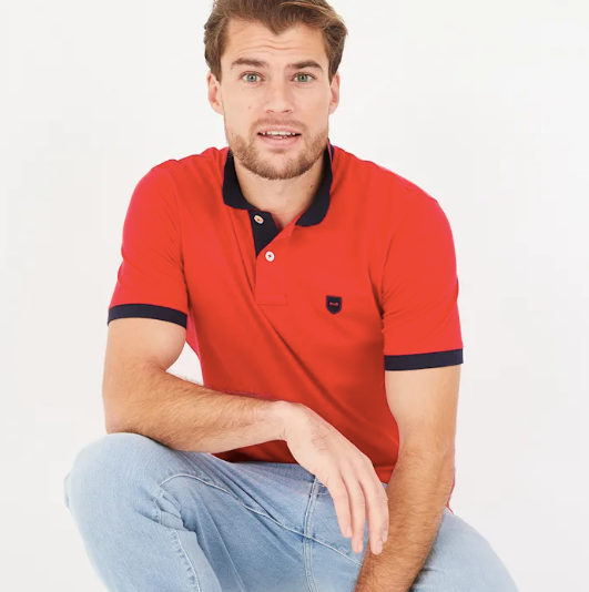 Men’s rugby inspired red classic cotton polo shirt with navy details from Eden Park Paris at StylishGuy Menswear Dublin